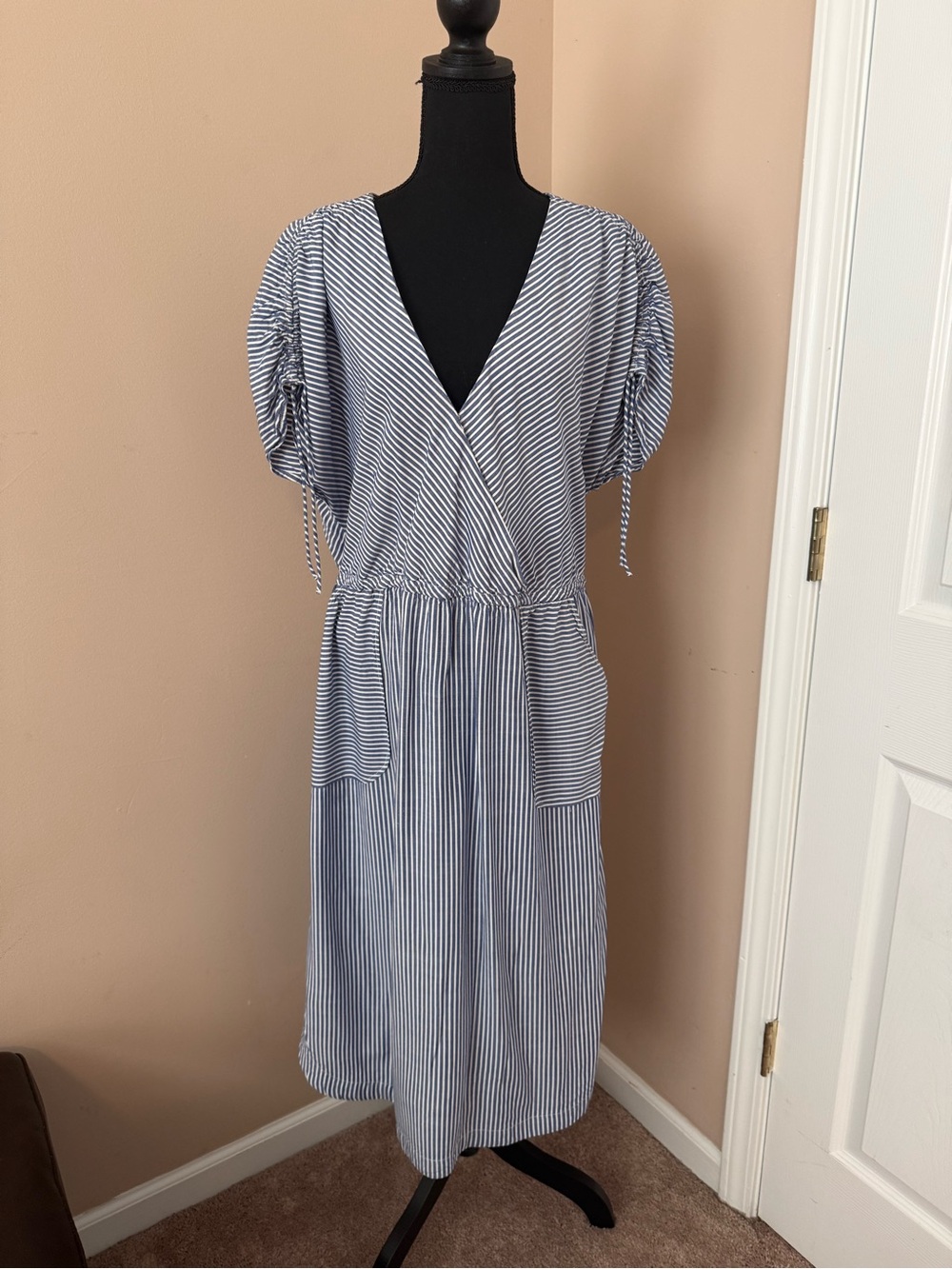 Striped Blue & White Wrap-Style Midi Dress